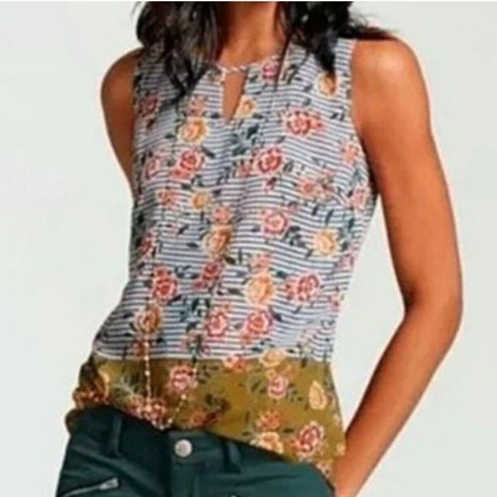 Cabi 5354 Penelope mixed print sleeveless blouse keyhole Womens Medium